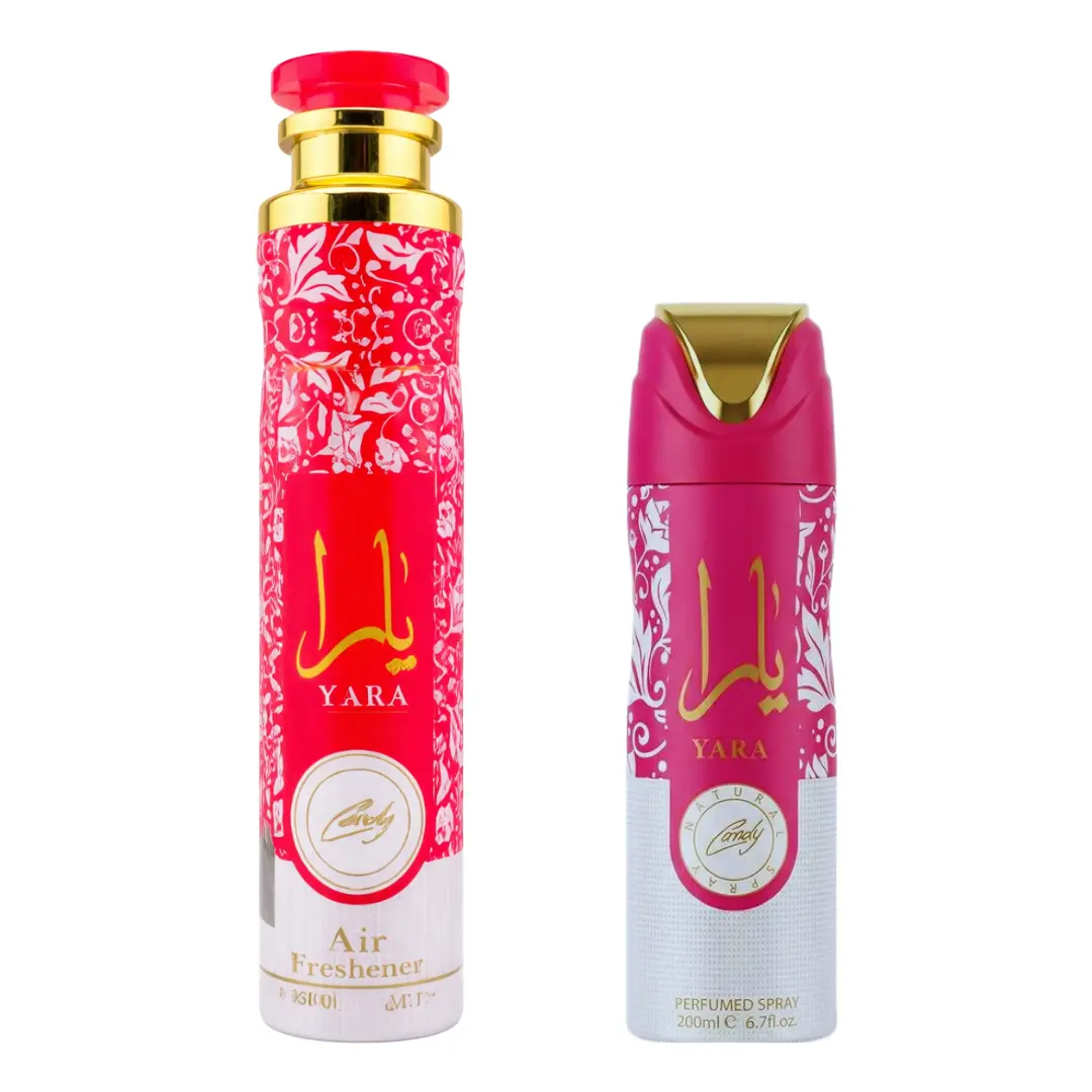 Lattafa Yara Candy 2-Piece Bundle - Vanilla-Scented Fragrances Set, Including Body Spray for Body Care and Air Freshener for Cosmetic Use, Floral Gourmand Scent, Aromatic Women's Fragrance