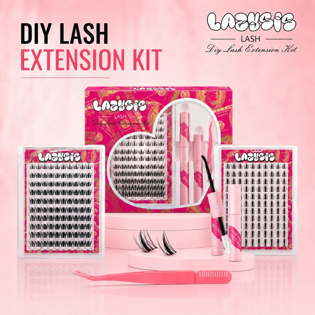 Lazysis DIY Lash Extension Kit Mixed Styles, Wispy Cluster Lashes Set with Natural Look, Easy to Apply Long Lasting Lightweight Lash Extensions, Soft Fluffy Invisible Band Lashes for Cat Eye Volume Glam Makeup mink fake outdoorfun
