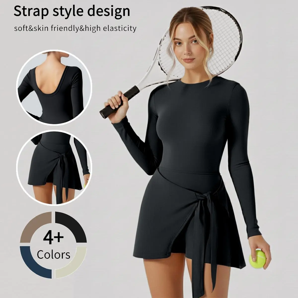 Vitalinovo Women's Long Sleeve Crew Neck Activewear Dress - Sporty Solid Tennis Attire with Wrap Skirt, Built-in Shorts, Workout Tennis Dress, Yoga Athletic Dress