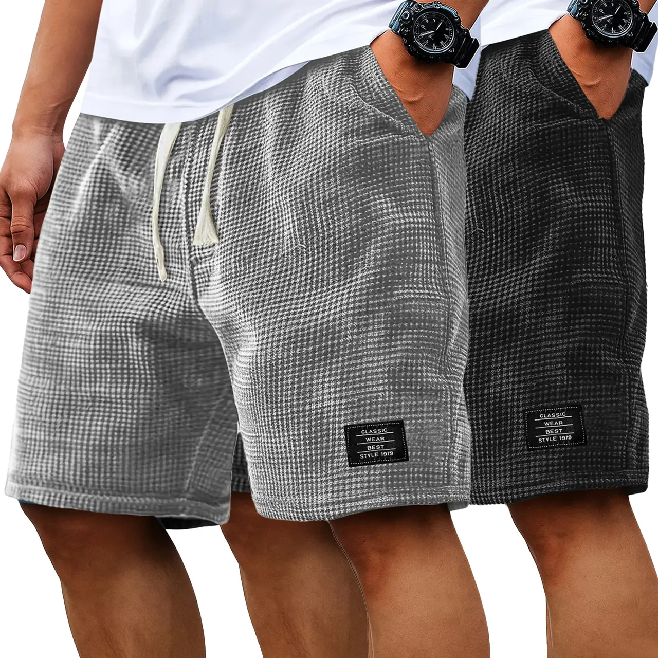 Men's 2-Pack Casual Waffle Shorts, Relaxed Fit Solid Grey+White Polyester Preppy Elegant Bottoms with Drawstring, All-Seasons Digital Print Loungewear for Outdoor Leisure, Athletic Basic Cold-Wash Menswear