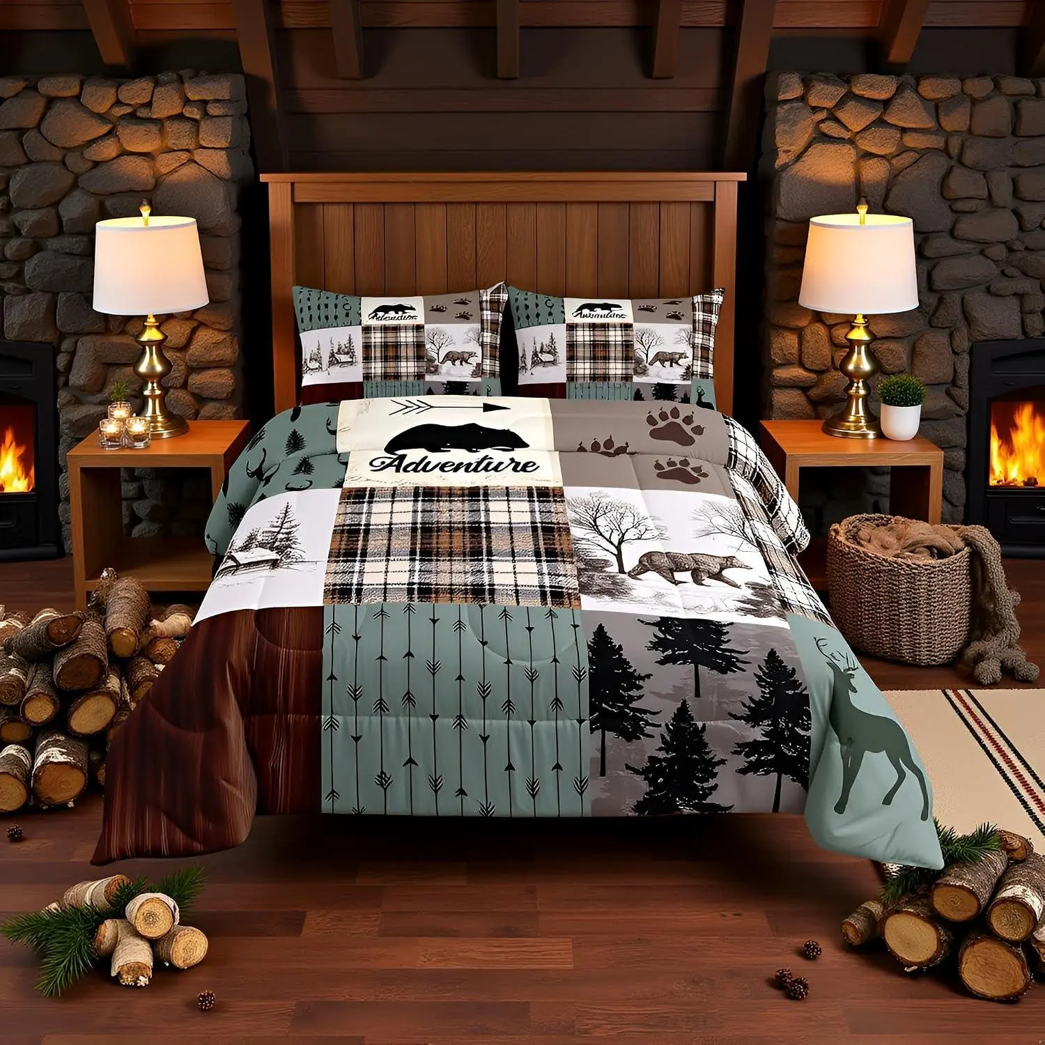 Feelyou 3D Duvets & Sets Twin-Full-Queen Rustic Farmhouse Bedroom Bundle - Printed Patchwork, 3D Antler Detail, Paw Print Texture, Plaid, Soft Comfy Blanket, Breathable Textiles, Boys' Room Cozy Setup, Cold Gentle Wash