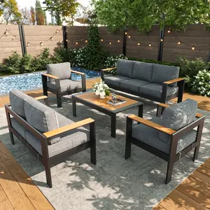 LayinSun Aluminum Outdoor Furniture Set with Coffee Table, Outside Patio Deep Seating Conversation Set with Upgraded Washable Thick Cushion