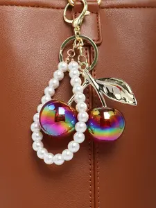 Cherry Pearl Keychain Wallet Charm, Boho Style Handbag Accessory, Women's Valentine's Day Gift, Fruits Pattern, 1 Piece, Bag Charms, Keychain For Bags, Key Ring Accessory