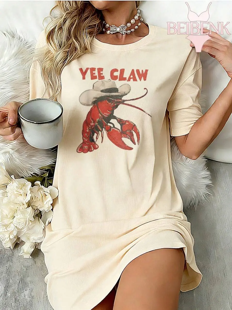 Yee Claw Lobster Cowboy Tee Dress – Funny Country Western Graphic T-Shirt Dress for Women