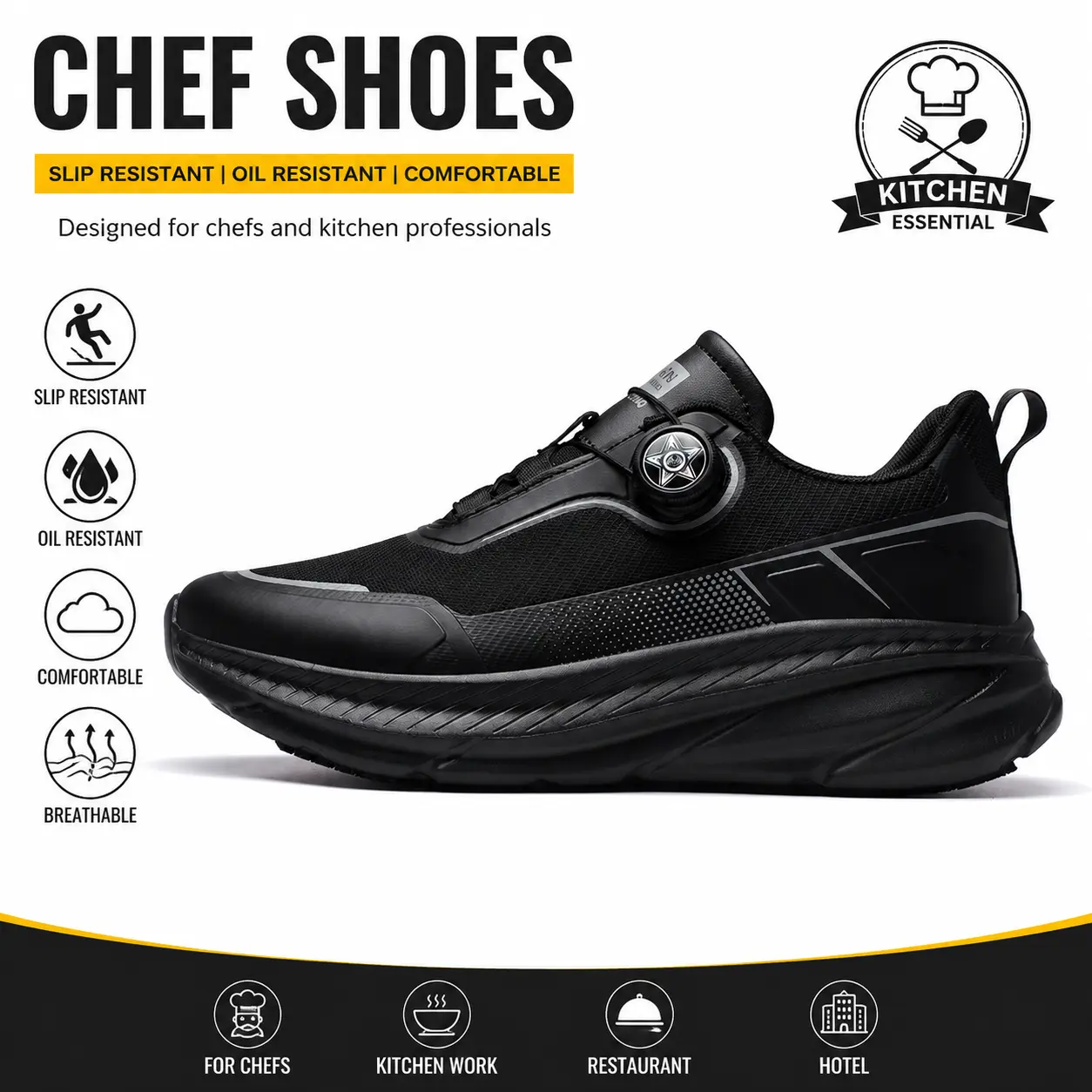 Men ' s Solid Color Non - slip Chef Shoes , working shoes Chef shoes , Casual Comfortable Breathable Waterproof KitchenShoes , Fashionable Shoes for Daily Wear ,easy to put on and take off , no need for straps , wide toes , suitable for catering workers