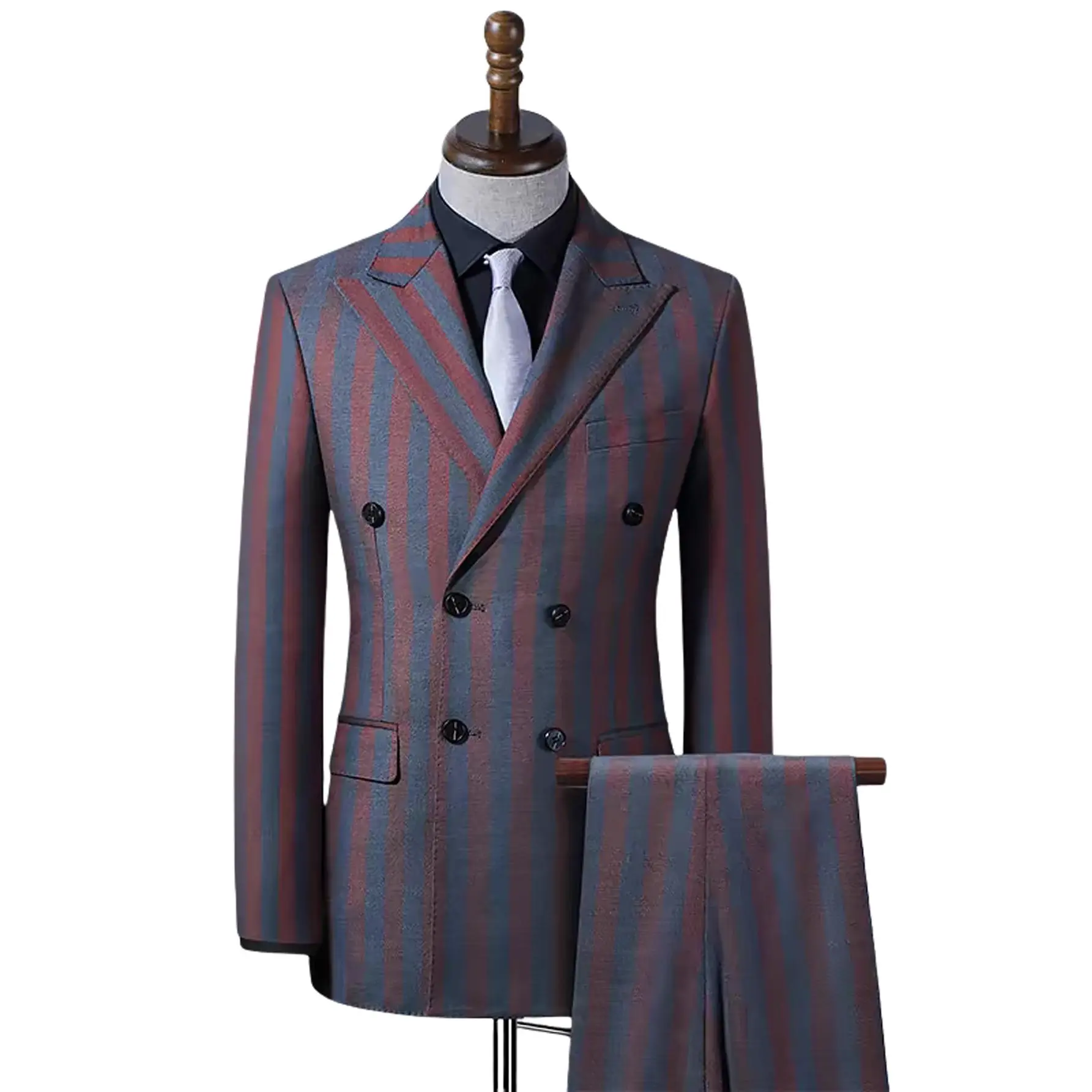 Men's 2-Piece Double Breasted Formal Suit Set - Striped Slim Fit Peak Lapel Long Sleeve Polyester Viscose Tuxedo Jacket & Pants with Pocket, Adult Style for Wedding, Business, Includes Tie (Dry Clean Only), Shirt, Love, Fitted, Wedding Ready, Elegant, Bos