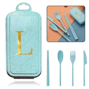 Initial Letter Pattern Cutlery Set, 4 Counts/set Including Storage Box & Fork & Spoon & Knife & Chopsticks, Reusable Portable Tableware Set for Outdoors Picnic Camping, Dinnerware Sets