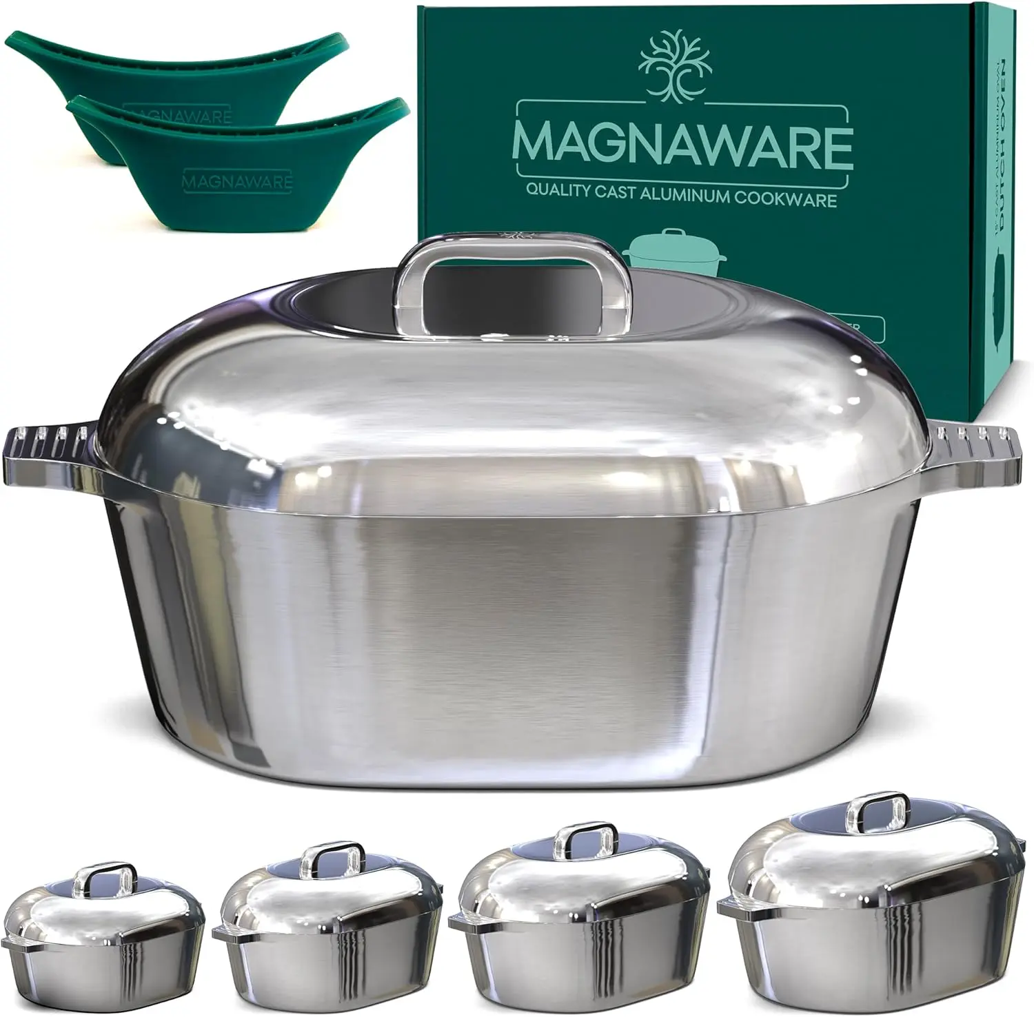 MAGNAWARE Ultimate Oval Collection – 4-Piece Cast Aluminum Oval Dutch Oven Set Includes 11", 13", 15" & 18" Ovals