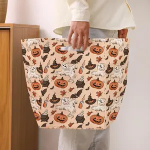 Pumpkin & Ghost Pattern Foldable Basket, 1 Count Portable Large Capacity Clothes Storage Basket with Handle, Home Organizer for Bathroom, Bedroom, Living Room, Halloween