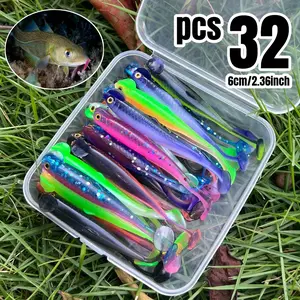 32pcs Two-Color T-Tail Soft Bait Set Artificial Fishing Lure 6cm/2.36inch 3D Fish Eye Reflective Imitation Fish Scale Bait Swimmer For Saltwater and Freshwater Fishing Saltwater Fishing Lures