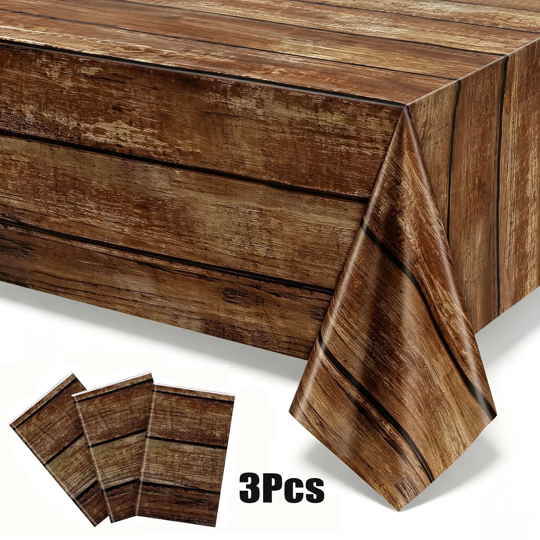 3Pcs Brown Wood Grain Plastic Tablecloths - 54x108" Rustic Look Rectangle Table Covers, Farmhouse Home Decor for Western Barn Birthday Wedding