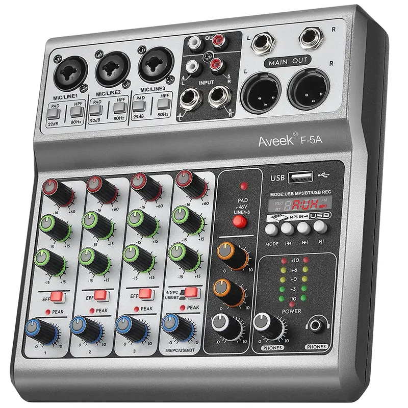 Aveek Professional Audio Mixer, Sound Board Mixing Console with 5 Channel Digital USB Bluetooth Echo Delay Effect, Input 48V Phantom Power Stereo DJ Mixers for Recording, Live Streaming, Podcasting