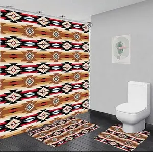 Aztec Brown Print Bathroom Decor Set, 1 Set Including Shower Curtain, Toilet U-Shaped Mat & Rectangular Mat, Bathroom Accessories