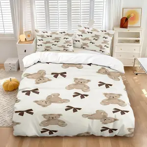 2/3-Piece Cute Teddy Bear Duvet Cover Set, Off-White Bedding, Includes 1 Duvet Cover and 1 or 2 Pillowcases. Soft and breathable fabric, perfect for children's and teenagers' bedrooms, Bedding Supplies