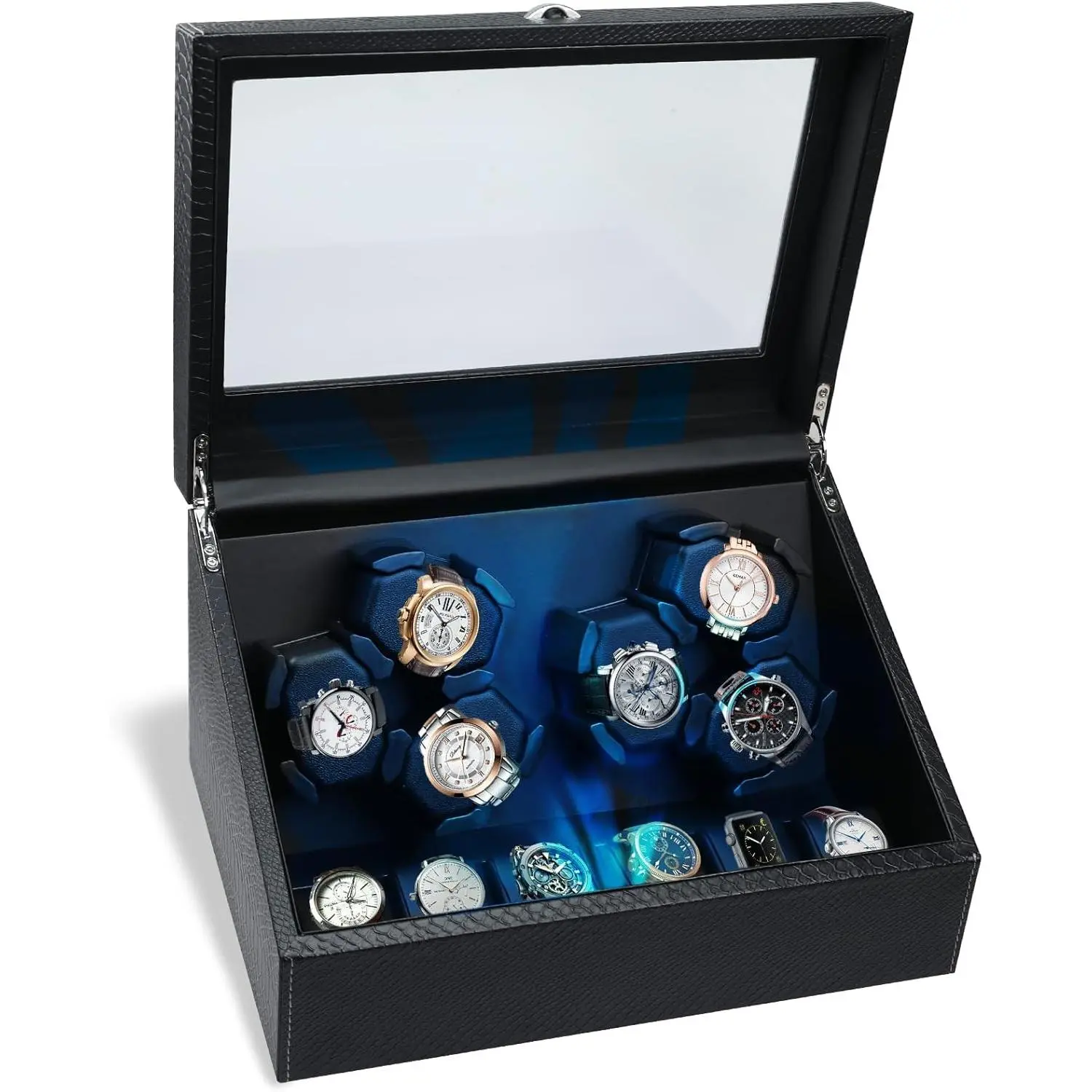 Watch Winder for Automatic Watches, Automatic Watches with Watches Storages, Automatic Watch Winder with Blue Backlight and  Pad, 4 Rotation Modes Rotating Watch Box