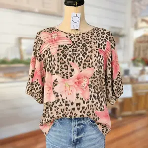 Sage Vell Women Leopard Non-positional Print Lily Floral Blouse Puff 3/4 Sleeves Pleated Front Casual Loose Fit Lace-up Crew Neck Top Boho Vintage Tunic Shirt For Daily Vacation Beach Office Ladies All Match Casual Top
