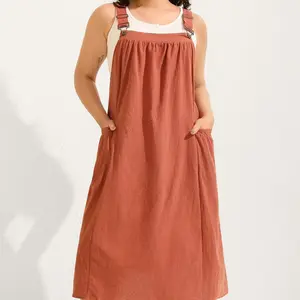Pure Cotton Pleated Pockets Midi Dress Sleeveless Square Neckline Comfortable Breathable Midi Length Side Seam Pockets Basic Minimalist 2026 Summer Pick for Mother's Day