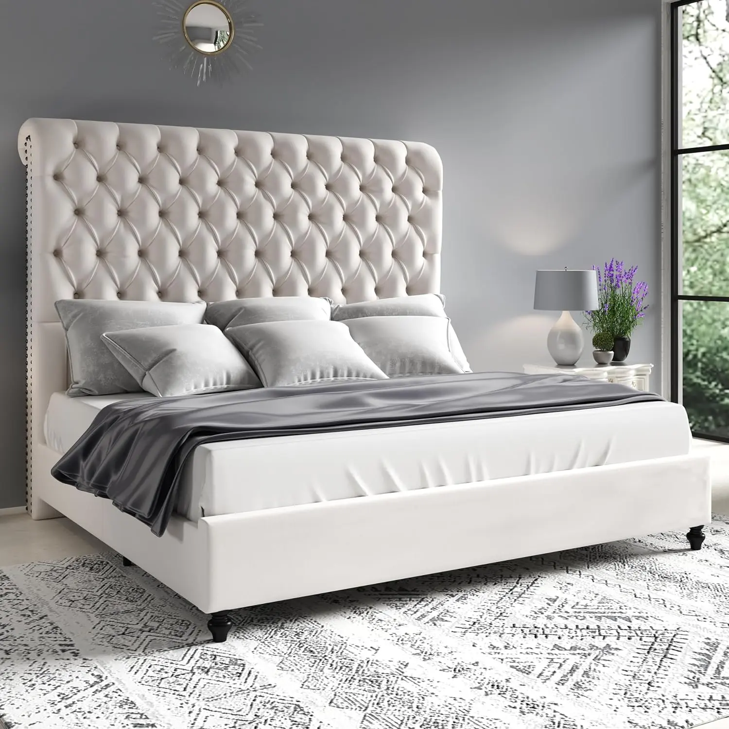 AMERLIFE Queen Platform Bed Frame - 60" Tall Velvet Sleigh Headboard, Curved Modern Diamond Tufting Design, Upholstered Wooden Structure, Silent, No Box Spring Needed, Assembly Required, Ideal Bedroom Furniture Gift (Great for Headboard Ideas)