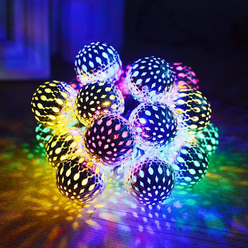 30-LED Solar-Powered Moroccan Spherical Outdoor String Lights - 4-Color Changing Globe, 8 Modes, IPX4 Water Resistant, 50,000 Hours Lifespan, Stake Included, Eco-Friendly Setups for Party, Holiday Decor