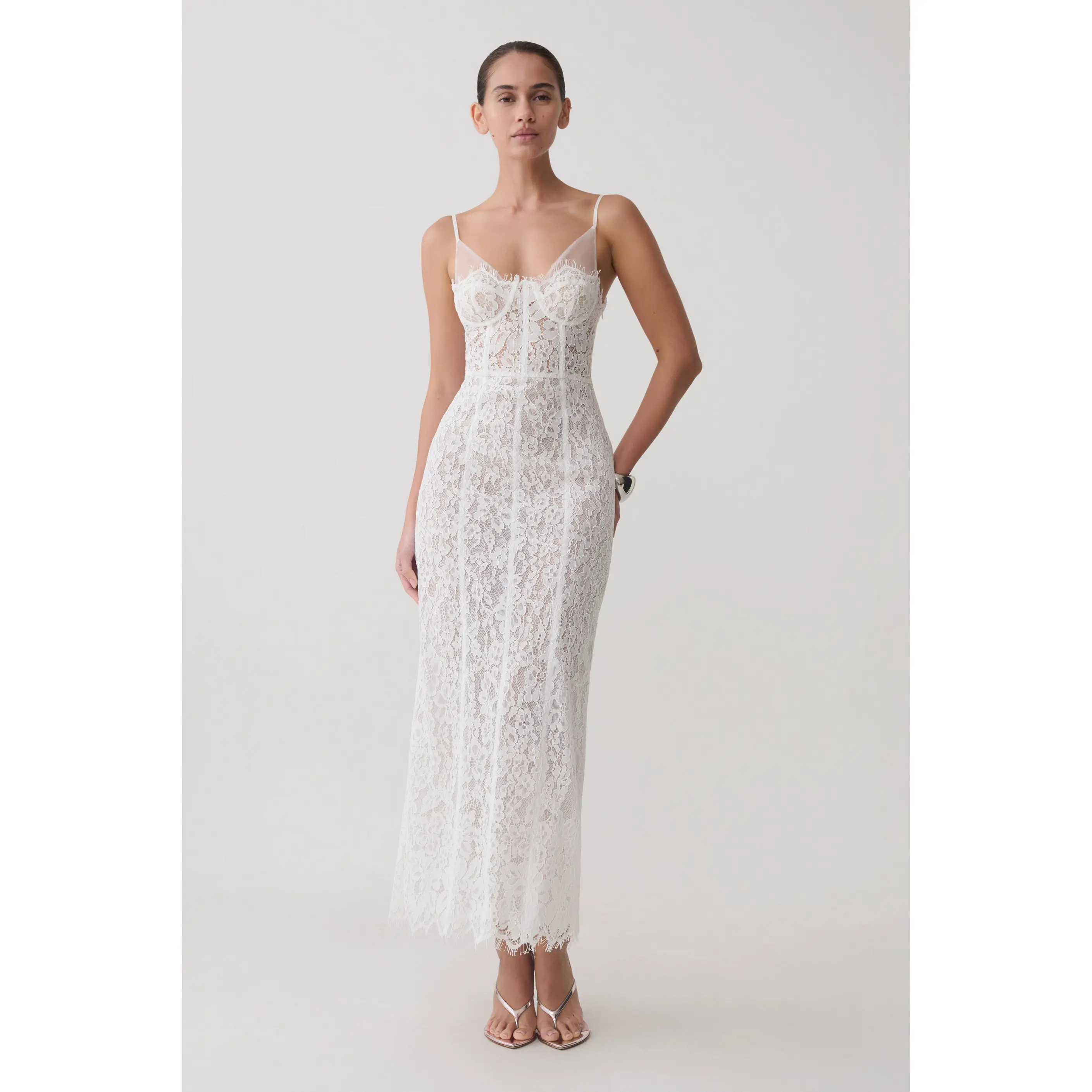 Ottilie Lace And Mesh Midi Dress - White