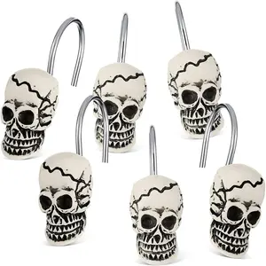X-BS17 12 Pcs Skull Shower Curtain Hooks Halloween Shower Rings Decorative Skeleton Curtain Hook Rings Stainless Steel Bathroom Hooks with Skull Decor for Home Halloween (Spooky Style) Water Proof