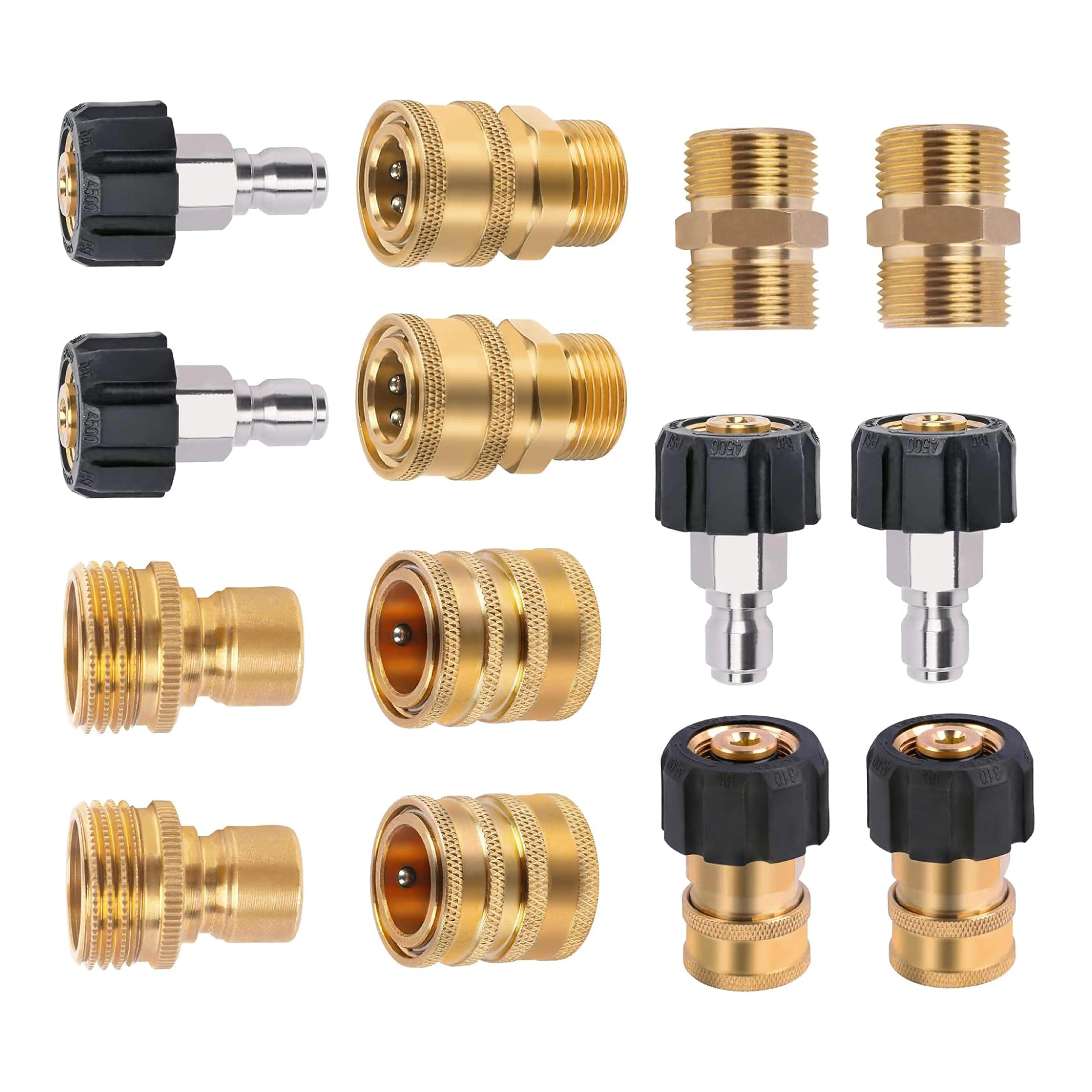 POHIR 14-Pack Brass Alloy Pressure Washer Adapter Kit, Water Hose Quick Connect Garden Water Connectors with M22 Swivel to 3/8 in Connector, M22 Female to Female, 3/4 in Release Fitting, Universal Gun Compatible, Easy Connect/Disconnect, Max 5000 PSI, Sta