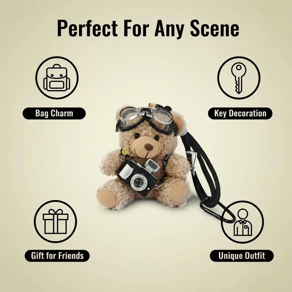 Plush Bear Keychain, Bear wear Dark Blue sweater with Camera and Goggles, Gray Bear keychain for Bag Charms, Gift for Women's Purse Handbag, Backpack Accessories
