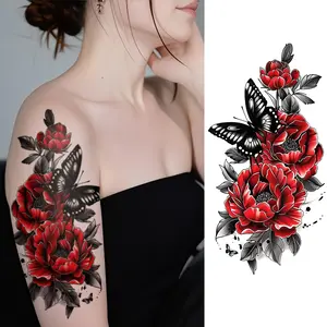 1pc Waterproof Temporary Tattoo Sticker With Red Flowers And Butterfly Patterns, Easy To Use And Remove Body Art. Fake Tattoos Suitable For Both Men And Women,Can Cover Scars And Be Applied To Arms Chest Waist Abdomen, And Legs To Quickly Achieve Body Art