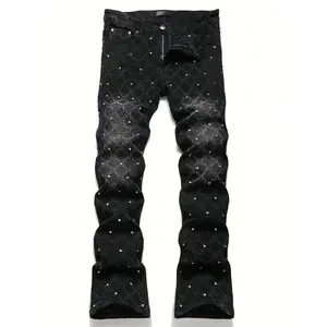 Y2K Men's Shiny Rhinestone Embellished Stretch Slim-Fit Jeans, Casual Street Style Hip-Hop Skateboarding Rap Pants, Machine Washable - All-Season Wear