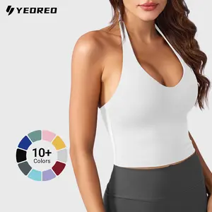 YEOREO Women's Halter Crop Top V Neck Workout Going Out Tank Top Hazel Padded Sleeveless Backless Trendy Summer Camisole
