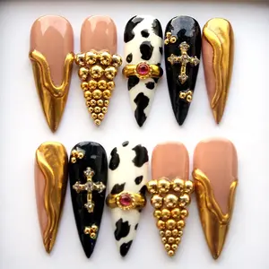 Super Golden Chrome Press On Nails 3D Catholic Gold Shine Charm Gothic Cowgirl