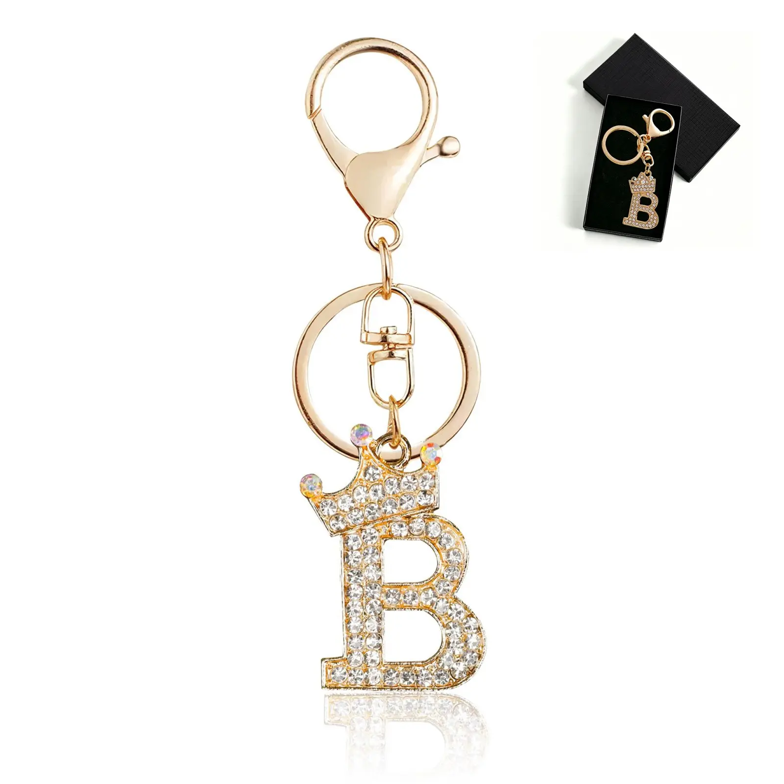 Gold Rhinestone Crown A-Z Letter Keychain - Cute Sparkling Costume Jewelry Charm, Keychains for Women, Ideal Accessory for Handbag, Car Key, Mother's Day & Birthday Gift