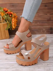 2026 Summer New Velcro Women's Sandals, Thick Heel Metal Decor Anti-Slip Fish Mouth Shoes, Fashion Versatile Women's Shoes