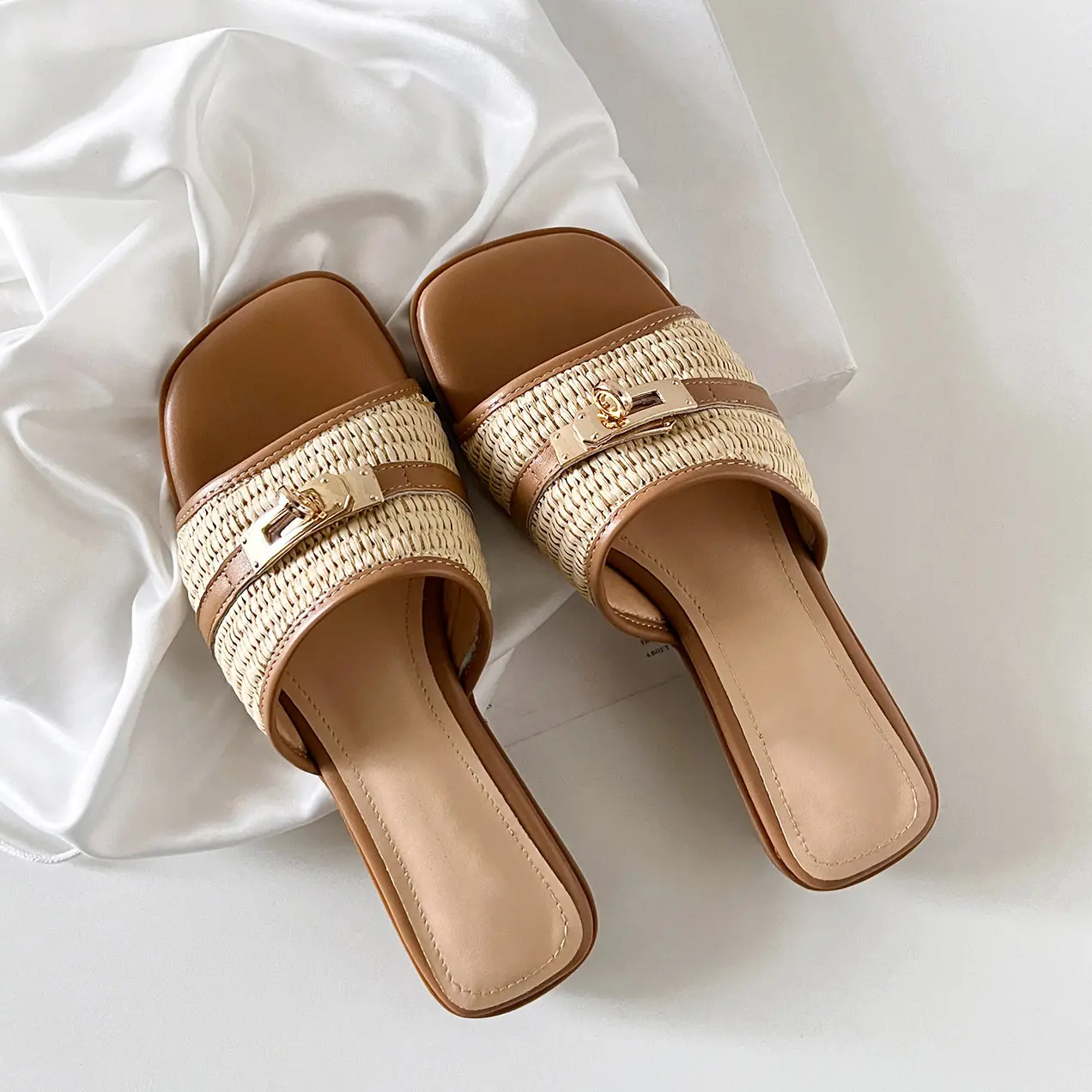 ReneChristine Women's Square-Toe Boho Straw Weave Mules - All-Day Comfort for Casual & Resort Wear