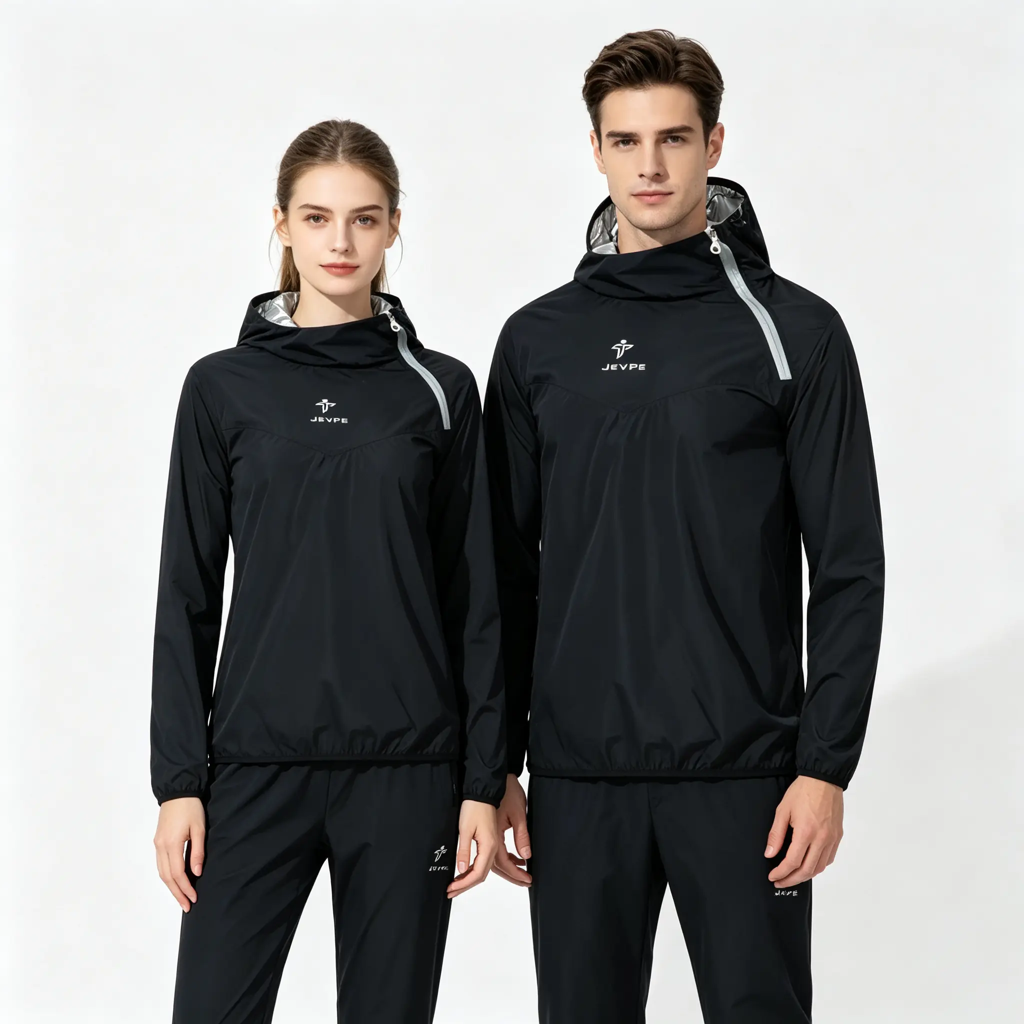 JEVPE Unisex Sauna Sweat Suit 2-in-1 Set – Long Sleeve Boxing Jacket & Sweat Pants, Thermal Sweat-Enhancing Activewear for Men & Women, Gym Workout Fat Burner Suit for Running, Cardio Training & Daily Exercise (All Black/Red-Black/Pink-Black)