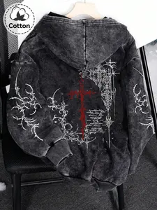 Men's Zip-Up Hoodie with Graphic Thorn Cross Print, Gothic Style Hoodie, Casual Cotton Spring & Fall Cardigan for Daily Wear, Loose-Fitting Hooded Sweatshirt, Casual Fashion Sweatshirt, Casual Sweatshirts, Casual Comfy Zipper