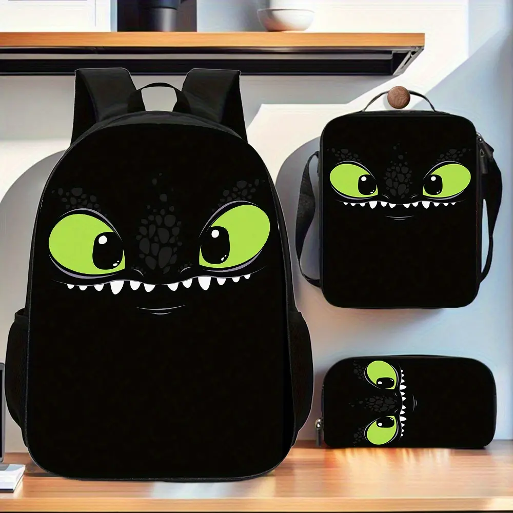 Toothless Night Fury 3-Piece Backpack Set, Cute Dragon Face Print School Bag Oxford Cloth Adjustable Strap Daypack for Movie Fans & Kids