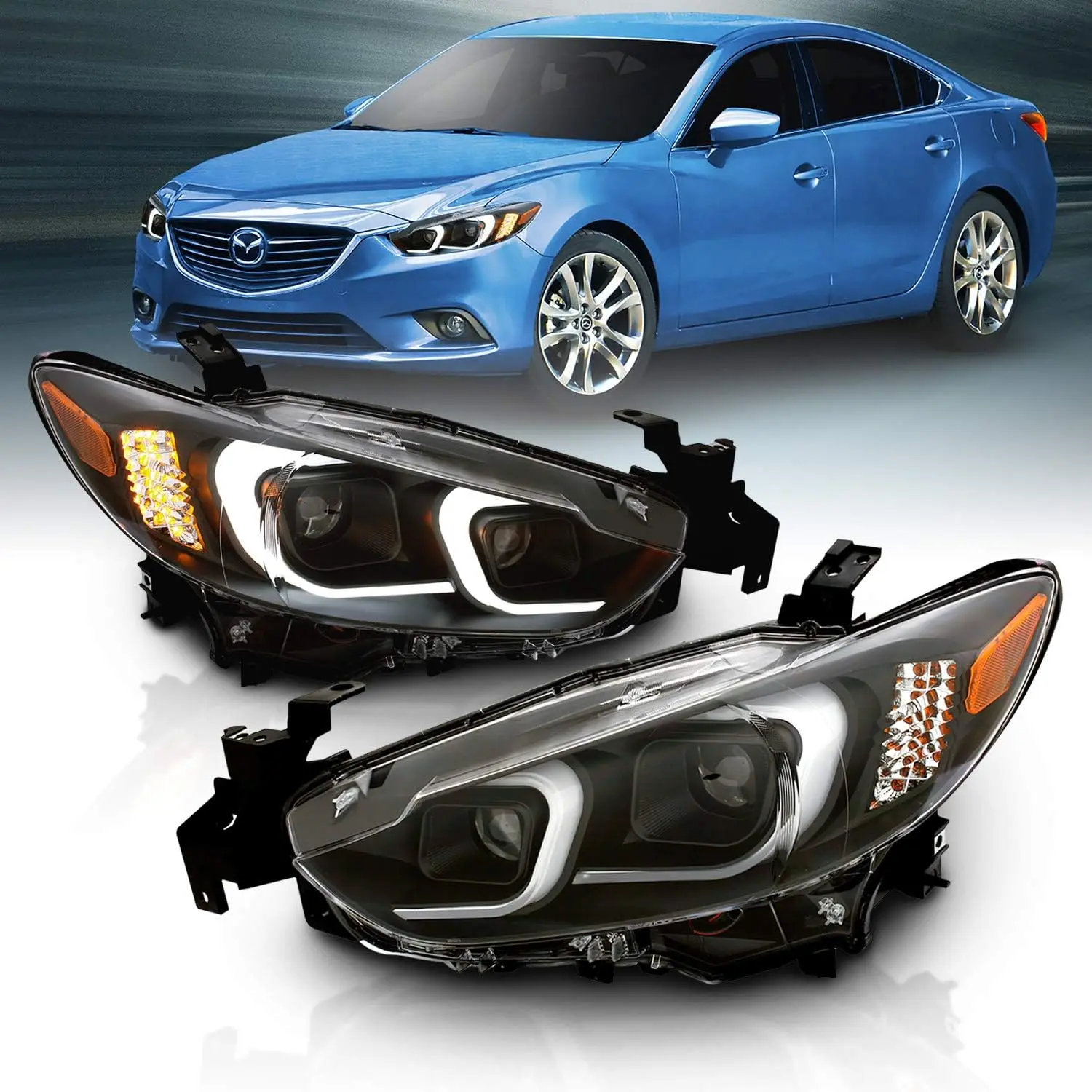 AmeriLite Black Projector Headlights With Glow Bar For 2014-2017 Mazda 6 (Pair) High/Low Beam Bulb Included
