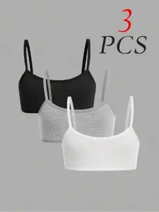 3 Pack Basic Solid Color Lightweight Thin Strap Knit Bras, Underwear, Comfortable Soft Everyday Bralettes for Women, Ideal for Layering and Casual Wear