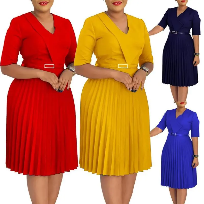 set woman Church Dresses Women Elegant V Neck Half Sleeves Pleated A-Line Dress Female Classy Modest African Fashion Gowns