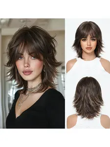 12-inch brown highlighted wig, Synthetic wig, a must-have for music festivals, party days, the parted bangs paired with a wolf tail layered cut create a cool and edgy look, easily adaptable to various occasions