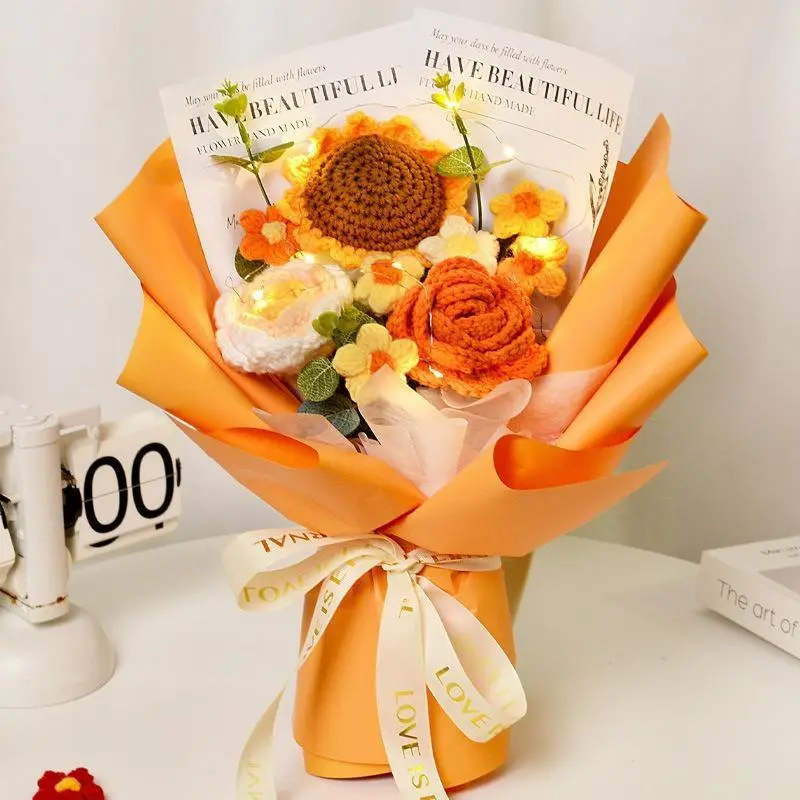 Handmade Knitted Bouquet Crochet Bouquet Eternal Blessing Knitted Rose Stored for A Long Time Artificial Flowers Decor Room Ornaments