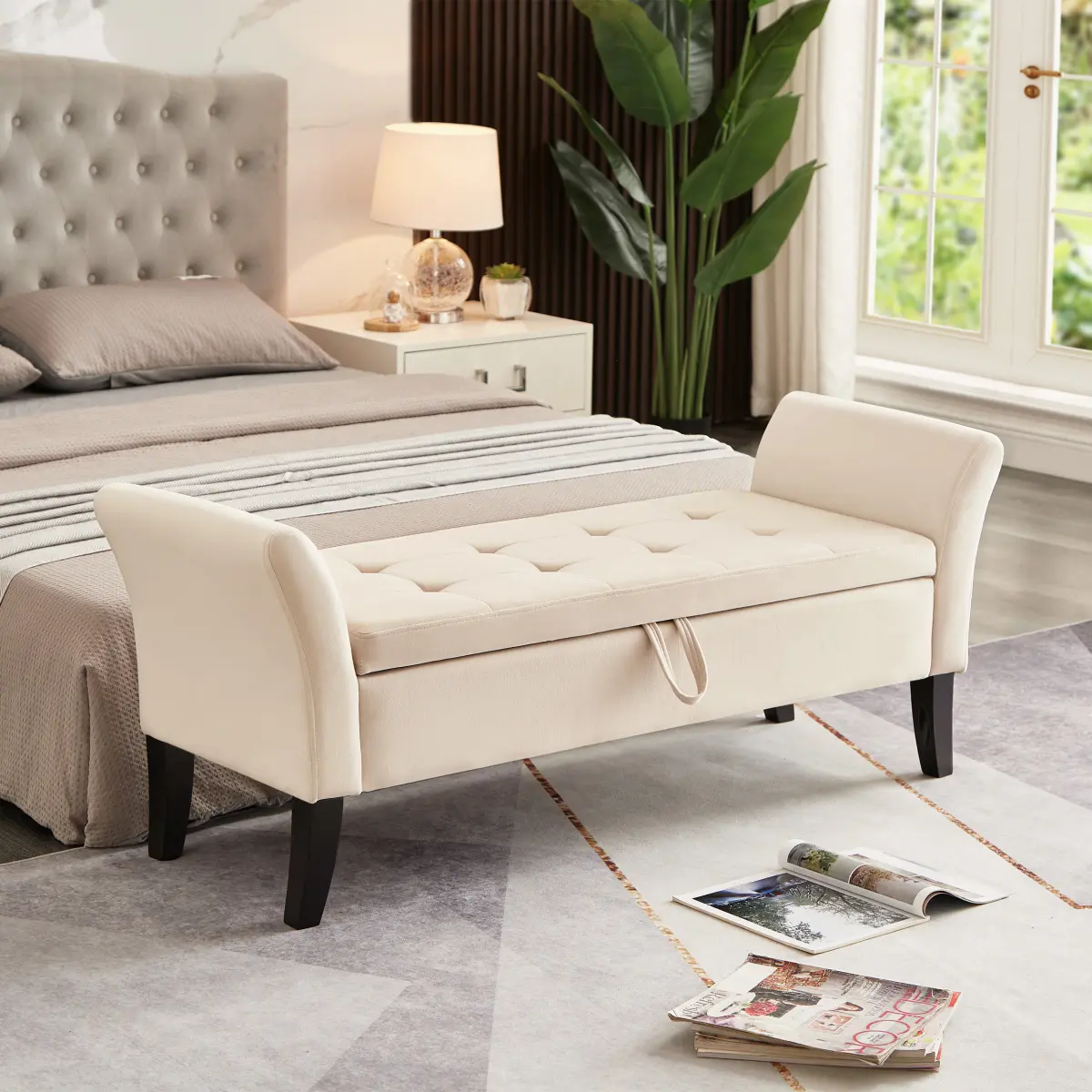 51.5' Velvet Upholstered Ottoman Bench with Flip Top, Long Bench for Bedroom or Living Room (Beige)