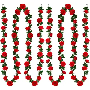15.8 FT Red Roses Fake Flowers Garland, 2Pack 90 Roses Artificial Flowers Vine for Kentucky Derby Decor Flower Wall Backdrop Wedding Decorations