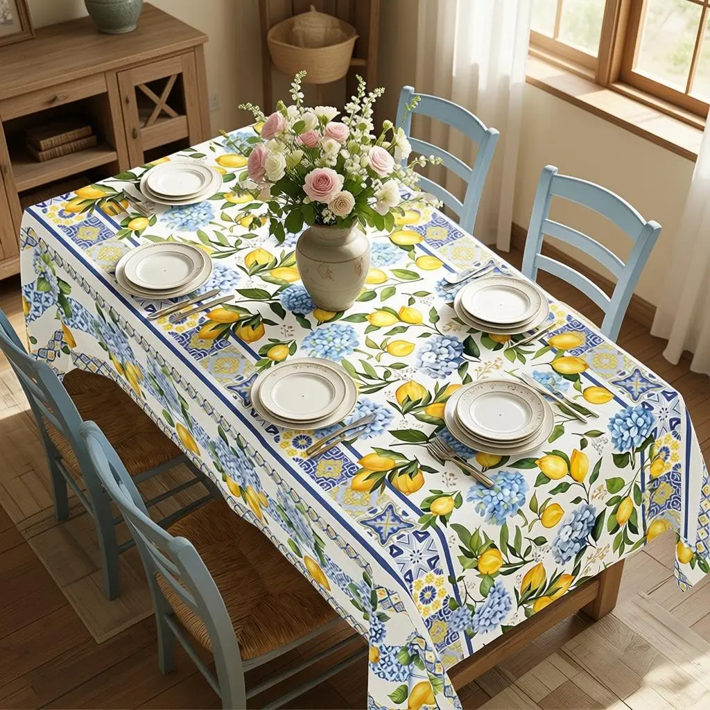 Washable Polyester Summer Tablecloth - White & Blue Lemons, Blue & Small Yellow Flowers - Round, Rectangular, Oval Shapes - Clearance Sale, Suitable for Parties, Banquets, Outdoor Events