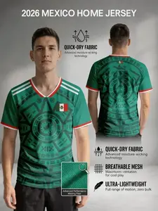 2026 Mexico Soccer Jersey, Aztec Print, Men's Quick-Dry National Team Fan T-Shirt, Lightweight Sportswear Top, All Seasons Casual Style BMD