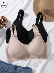 2 Pack, 3 colors, Plus-size seamless jelly women's bras with hook-and-eye adjustable straps, wire-free support, Non Underwire, No underwire bra, gathering, all-day comfortable, breathable, skin-friendly, everyday casual and commuting underwear