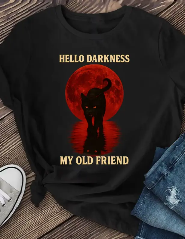Women's Casual Comfortable Round Neck Short-Sleeve Cotton T-Shirt - Hello Darkness My Old Friend Black Cat Blood Moon Graphic, Goth Halloween Party Streetwear