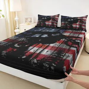 American Flag Fitted Sheet Boys Dirt Bike Racing Motocross Rider Bedding Set,Kids Teens Men Rustic Farmhouse Wooden Deep Pocket Sheet Retro Black Pine Tree Silhouette Bed Sheet