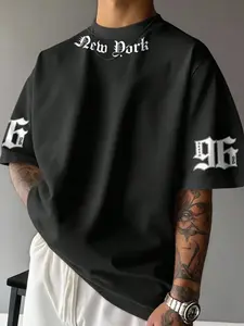Unisex New York Gothic Font Graphic Digital Print Short Sleeve T-Shirt, Casual Streetwear Style, Loose Fit Round Neck Top, Cotton Fabric